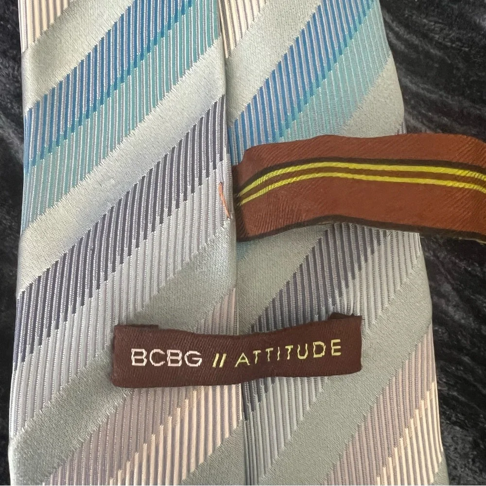 BCBG Striped All Silk Neck Tie - Aqua and Gray